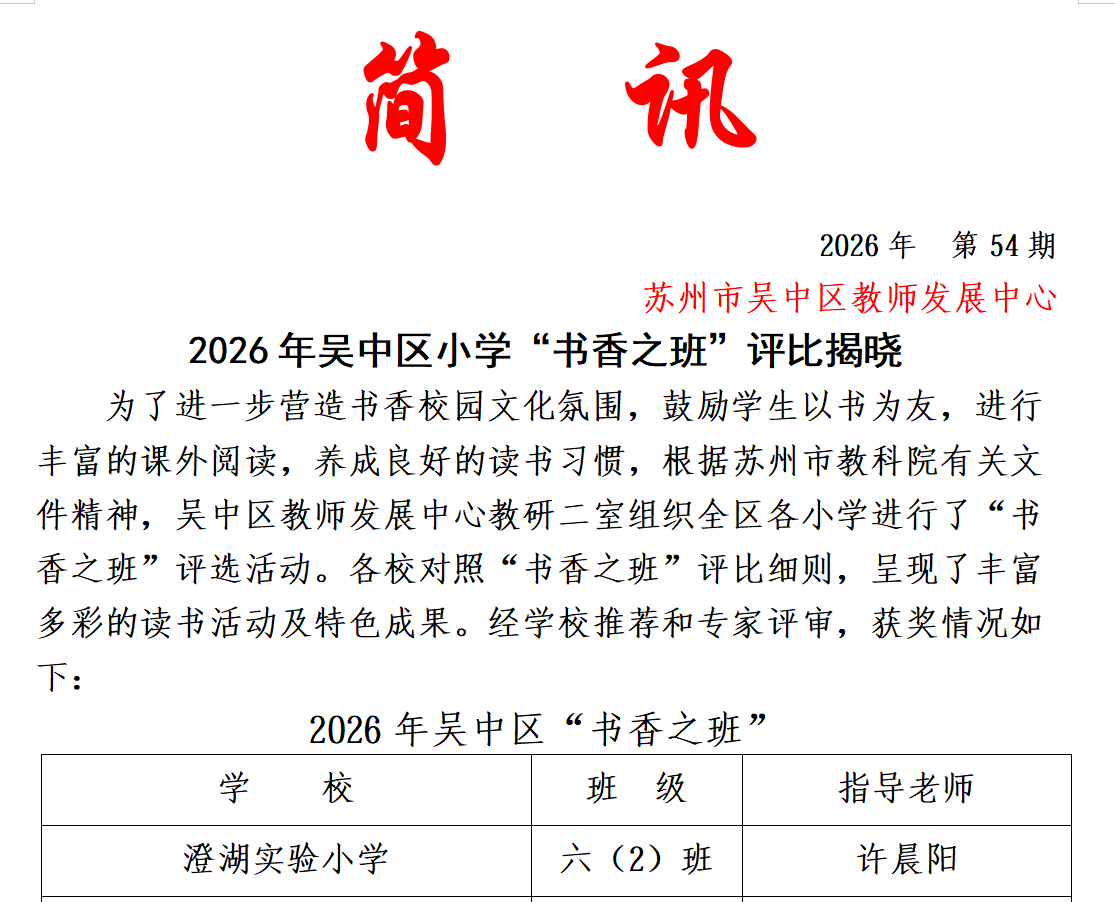 【喜报】我校六（2）班获评2026吴中区“书香之班”称号